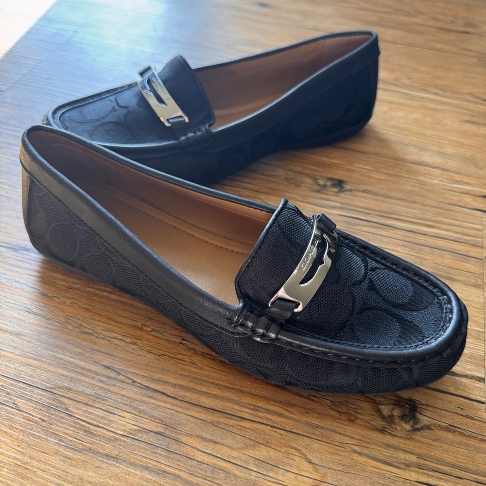 Coach Black Signature Jacquard Slip-On Loafers with Silver Hardware Size 7.5
